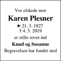 Dødsannoncen for Karen Plesner - Knebel