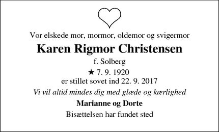 Dødsannoncen for Karen Rigmor Christensen - Charlottenlund