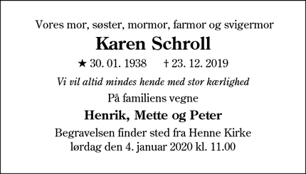 Dødsannoncen for Karen Schroll - Varde
