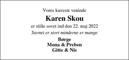 Dødsannoncen for Karen Skou - Roslev