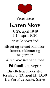 Dødsannoncen for Karen Skov - Væggerløse
