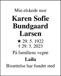 Dødsannoncen for Karen Sofie Bundgaard Larsen - Vanløse