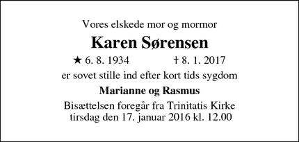 Dødsannoncen for Karen Sørensen - 7000 Fredericia