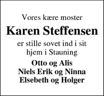 Dødsannoncen for Karen Steffensen - Stauning