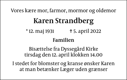 Dødsannoncen for Karen Strandberg - Gentofte