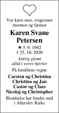 Dødsannoncen for Karen Svane
Petersen - Roskilde