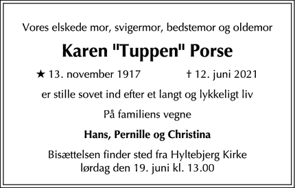 Dødsannoncen for Karen "Tuppen" Porse - 2720 Vanløse