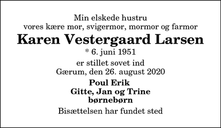 Dødsannoncen for Karen Vestergaard Larsen - Gærum - Vendsyssel afdelingen