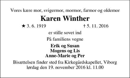 Dødsannoncen for Karen Winther - Viborg