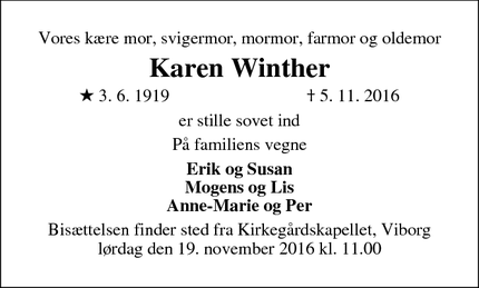 Dødsannoncen for Karen Winther - Viborg