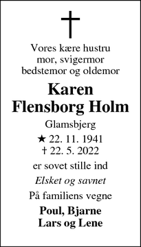 Dødsannoncen for Karen
Flensborg Holm - Glamsbjerg