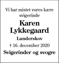 Dødsannoncen for Karen
Lykkegaard - 6640 Lunderskov