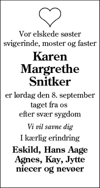 Dødsannoncen for Karen
Margrethe Snitker - Tønder