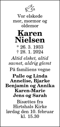 Dødsannoncen for Karen
Nielsen - Hirtshals