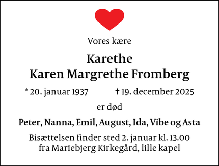Dødsannoncen for Karethe
Karen Margrethe Fromberg - Lyngby
