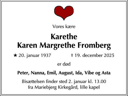 Dødsannoncen for Karethe
Karen Margrethe Fromberg - Lyngby