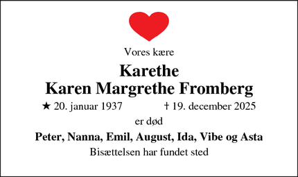 Dødsannoncen for Karethe
Karen Margrethe Fromberg - Lyngby