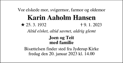 Dødsannoncen for Karin Aaholm Hansen - Jyderup