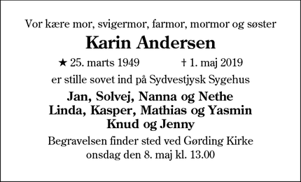 Dødsannoncen for Karin Andersen - Gørding