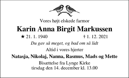 Dødsannoncen for Karin Anna Birgit Markussen - Lynge