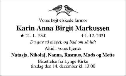 Dødsannoncen for Karin Anna Birgit Markussen - Lynge