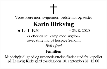 Dødsannoncen for Karin Birkving - Lemvig