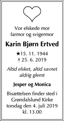 Dødsannoncen for Karin Bjørn Ertved - Rødovre