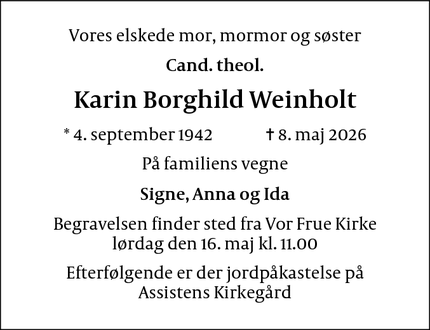 Dødsannoncen for Karin Borghild Weinholt - København