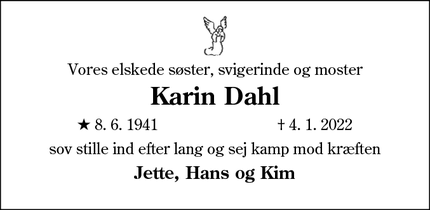 Dødsannoncen for Karin Dahl - Aabenraa