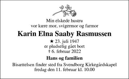 Dødsannoncen for Karin Elna Saaby Rasmussen - Faaborg