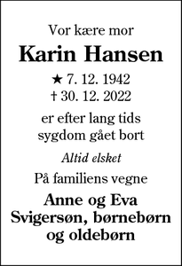 Dødsannoncen for Karin Hansen - Aabenraa