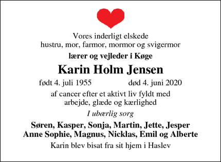 Dødsannoncen for Karin Holm Jensen - Haslev 