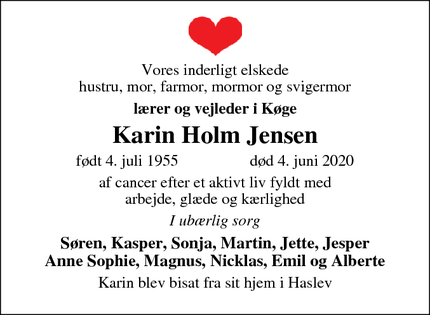 Dødsannoncen for Karin Holm Jensen - Haslev