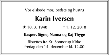 Dødsannoncen for Karin Iversen - Kr. Såby...