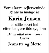 Dødsannoncen for Karin Jensen - Simmelkjær 