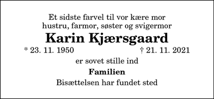 Dødsannoncen for Karin Kjærsgaard - Langå