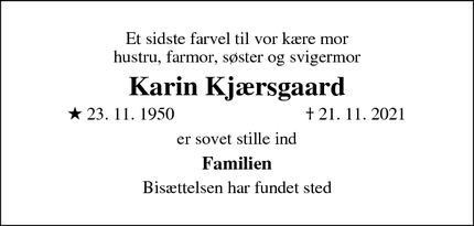 Dødsannoncen for Karin Kjærsgaard - Langå