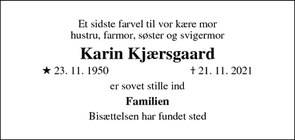 Dødsannoncen for Karin Kjærsgaard - Langå