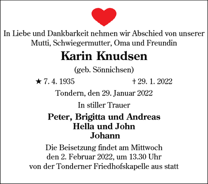 Dødsannoncen for Karin Knudsen - Tønder