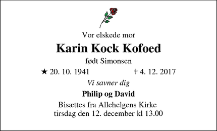 Dødsannoncen for Karin Kock Kofoed - København