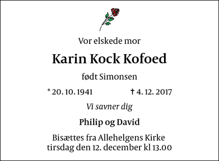 Dødsannoncen for Karin Kock Kofoed - København