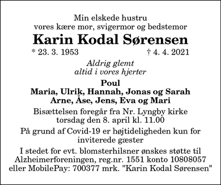 Dødsannoncen for Karin Kodal Sørensen - Løkken