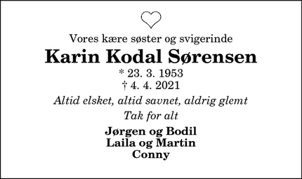 Dødsannoncen for Karin Kodal Sørensen - Løkken