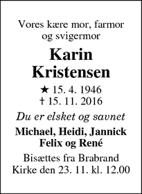 Dødsannoncen for Karin Kristensen  - Ebeltoft