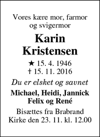 Dødsannoncen for Karin Kristensen  - Ebeltoft