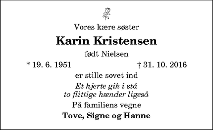 Dødsannoncen for Karin Kristensen - Viborg