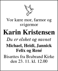 Dødsannoncen for Karin Kristensen - Ebeltoft 
