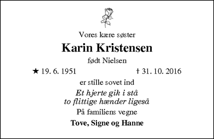 Dødsannoncen for Karin Kristensen - Viborg