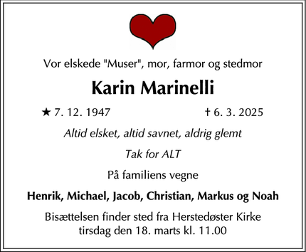 Dødsannoncen for Karin Marinelli - Albertslund