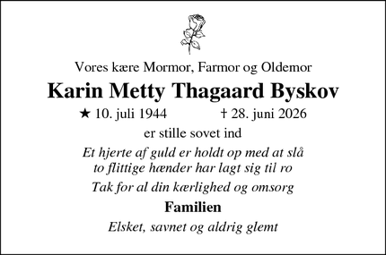 Dødsannoncen for Karin Metty Thagaard Byskov - Harboøre